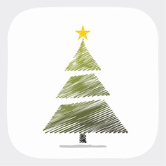Scribbled Green Christmas Tree with Yellow Star and Shadow on White Background Keywords: Christmas tree, scribbled