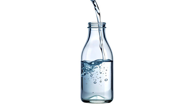 Transparent glass bottle being filled with clear water against a solid black background