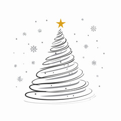 Abstract Christmas Tree with Golden Star and Falling Snowflakes on White stylized