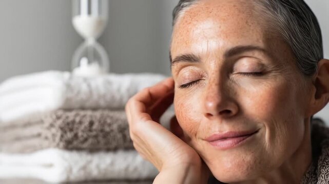 Close-up of a mature woman with freckles, eyes closed, hand near face, peaceful expression