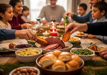 People sharing holiday meal with roasted ham and side dish at dining table