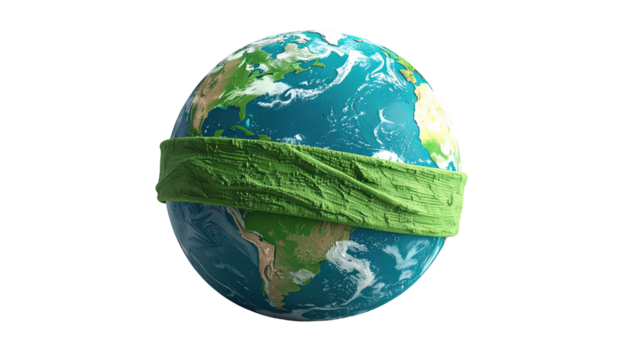 A globe wrapped in a green cloth, symbolizing an environmental concern against a black backdrop