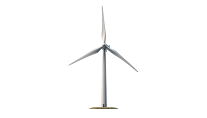 A tall, metallic wind turbine stands alone against a stark black background