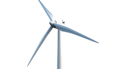 A tall wind turbine with three blades, rotating, against a blank, black background