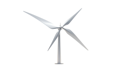 Graphic rendering of a four-bladed wind turbine, against a stark black background
