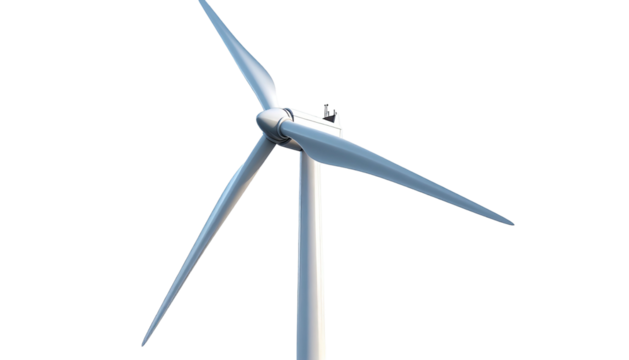 A tall wind turbine with three blades, rotating, against a blank, black background