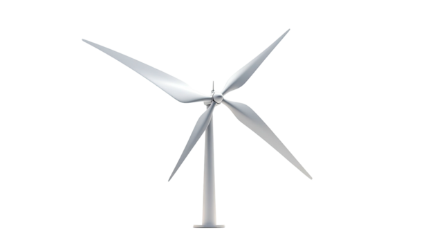 Graphic rendering of a four-bladed wind turbine, against a stark black background