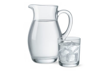 Glass pitcher with water and a full glass of ice water, maintaining hydration and refreshment on transparent background
