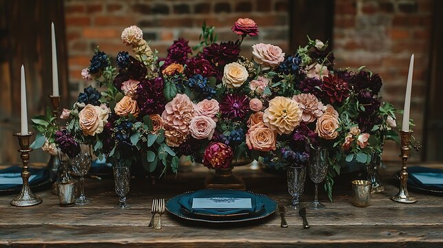 Floral centerpiece on table at wedding.