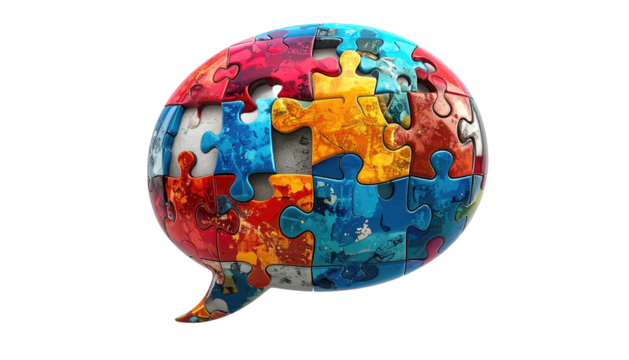 Colorful puzzle pieces assembled into a speech bubble shape against a black background - Powered by Adobe