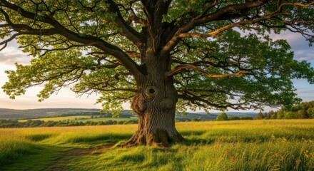 Ancient oak tree standing strong in meadow 