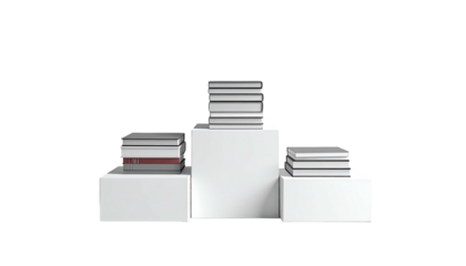 Image depicts a stack of books on white pedestals against a black backdrop, a minimalist design