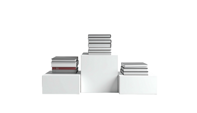 Image depicts a stack of books on white pedestals against a black backdrop, a minimalist design