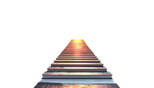 A long, upward-trending staircase disappearing into a radiant, fiery sunset-like glow