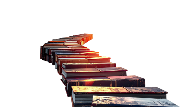 Image of stacked books in stairs shape, back-lit with golden sunlight on black background