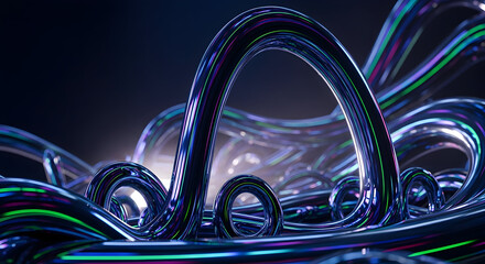 Abstract metallic curves and loops with iridescent reflections against a dark background.