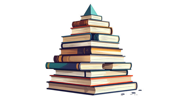 Stacked books form a pyramid shape, with a pointed top, against a black background