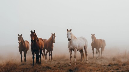 Obraz premium Group of horses standing in morning fog with pastel tones, minimalist scene