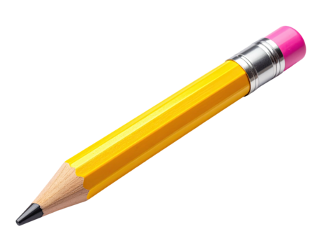 A perfectly sharpened, vibrant yellow writing instrument with a pink eraser, on a stark black background - Powered by Adobe