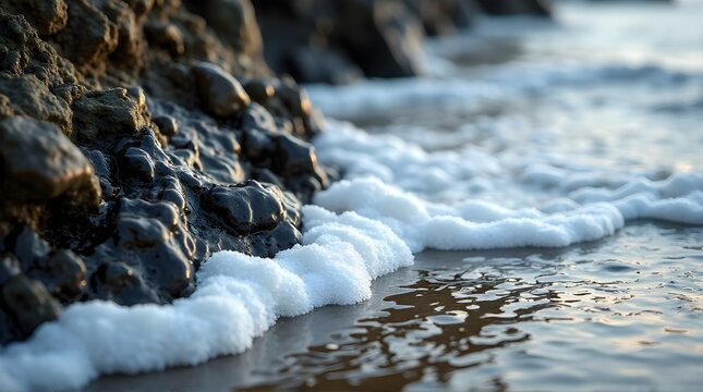 Experience the serene beauty of ocean waves gently washing over dark rocks at the beach, creating a calming and refreshing coastal atmosphere with its foamy water and peaceful vibe