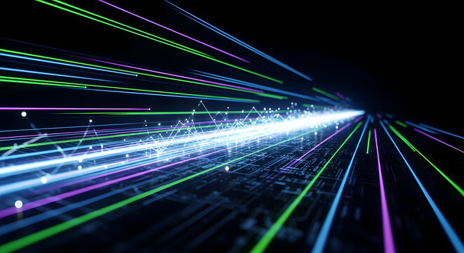 Abstract digital data stream with colorful light trails moving rapidly through a dark space, representing high-speed information transfer and technological advancement.