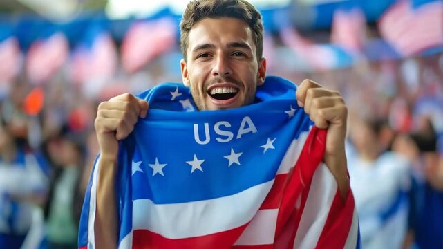 Man celebrates with flag at sporting event crowd cheering