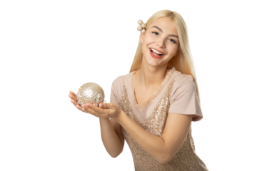 Woman holding glitter Christmas bauble – PNG, transparent background