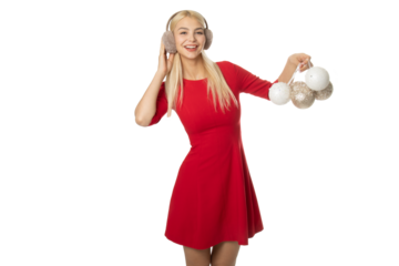 Woman holding Christmas baubles – PNG, transparent background