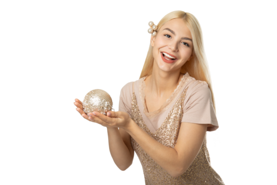 Woman holding glitter Christmas bauble – PNG, transparent background - Powered by Adobe