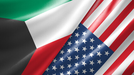 Fototapeta premium Kuwait and United States of America two national flags filling the entire frame, close-up view, edge-to-edge composition