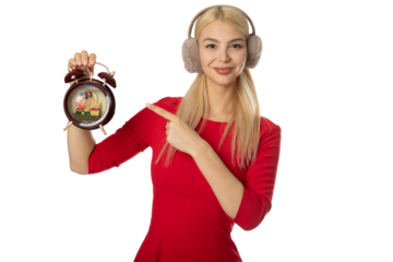Woman pointing at vintage alarm clock – PNG, transparent background