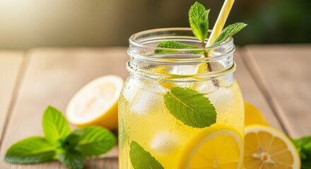 Fototapeta premium Refreshing lemonade in a mason jar with lemons mint and a yellow straw on a wooden surface outdoors