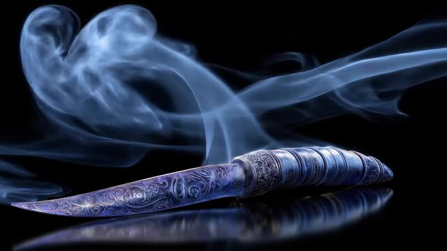A detailed fantasy dagger with ornamental design, emitting elegant blue wisps against a black background
