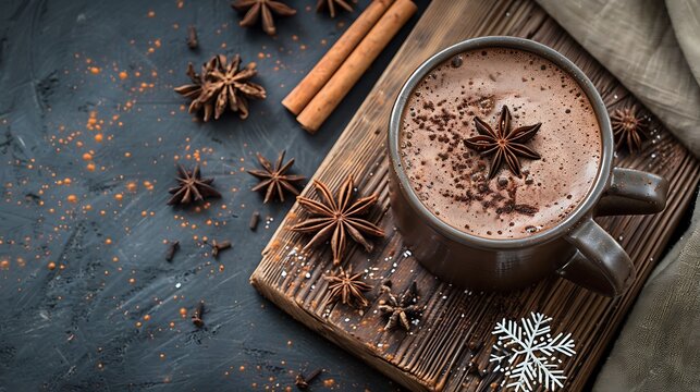 A mug of hot chocolate with star anise and cinnamon sticks on a wooden board with dark background - Powered by Adobe