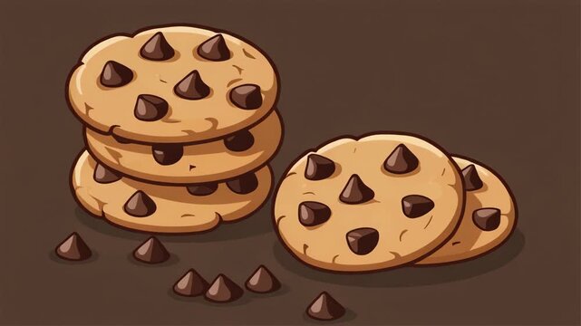 Hand-drawn cartoon style illustration of a stack of chocolate chip cookies with loose chocolate chips on a brown surface.