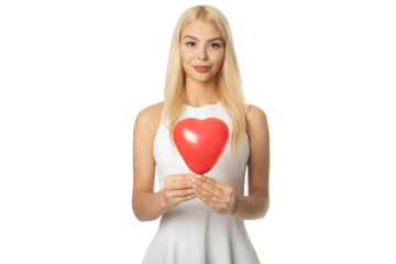 Woman holding red heart balloon – PNG, transparent background