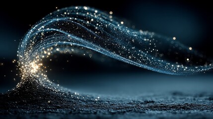 Dynamic wave of light particles flowing through a dark, abstract digital space, representing data, energy, or connectivity.