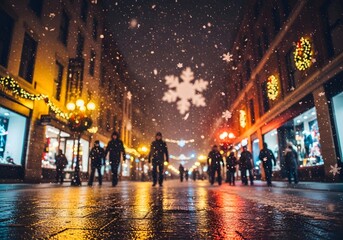 People walking down city street at night during heavy snowfall with snowflake