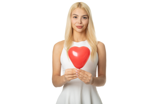 Woman holding red heart balloon – PNG, transparent background