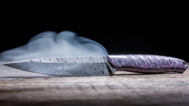 A sharp, patterned knife rests on a wooden surface, with wisps of smoke in the background