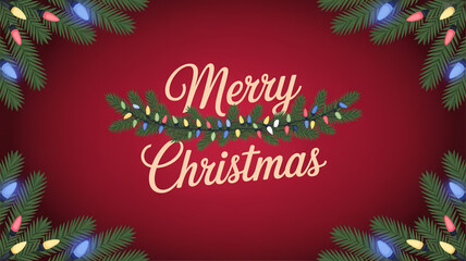 Fototapeta premium Merry christmas card with fir branches and lights on a red gradient background