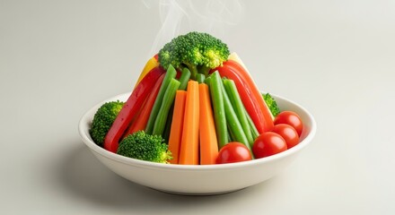 Steaming vegetable platter with broccoli carrots green beans bell peppers and cherry tomatoes arranged nicely
