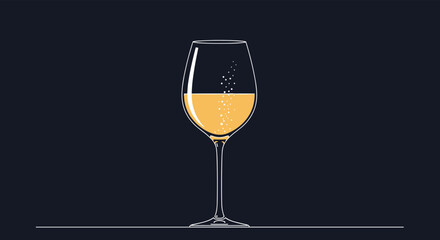 A minimalist and elegant line art illustration of a single glass of sparkling white wine or champagne on a dark background.