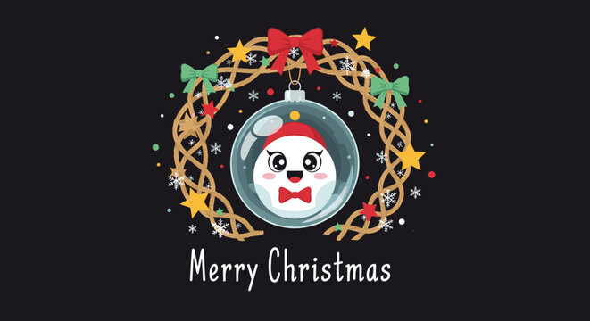 A festive Merry Christmas greeting card with a cute snowman ornament hanging inside a decorative wreath on a black background.