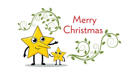 A charming Merry Christmas greeting card featuring two cute cartoon star characters and elegant swirling green vine decorations.