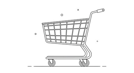 A clean and simple black line art illustration of an empty supermarket shopping cart or trolley on a white background.