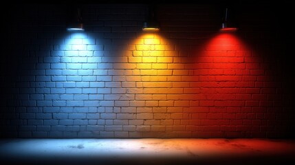 Colorful blue, yellow and red spotlights illuminating a brick wall, creating a vibrant studio background ideal for product presentation, banners, posters and advertising