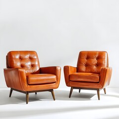 Two vintage brown leather club chairs with tufted backs and wooden legs against a white wall