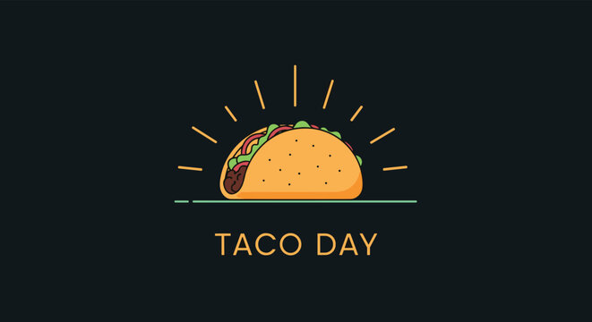 A minimalist and modern Taco Day graphic with a single taco icon and stylized sun rays on a dark blue background.