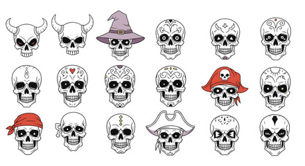 Obraz premium A large and diverse set of hand-drawn skull illustrations including pirate demon and decorated Day of the Dead styles.